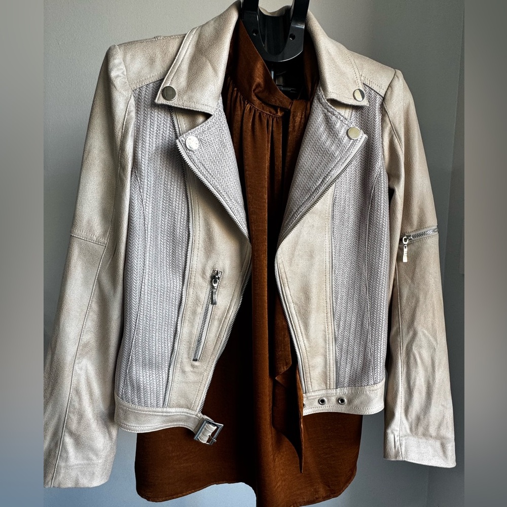 Women's Cream Faux Leather Jacket